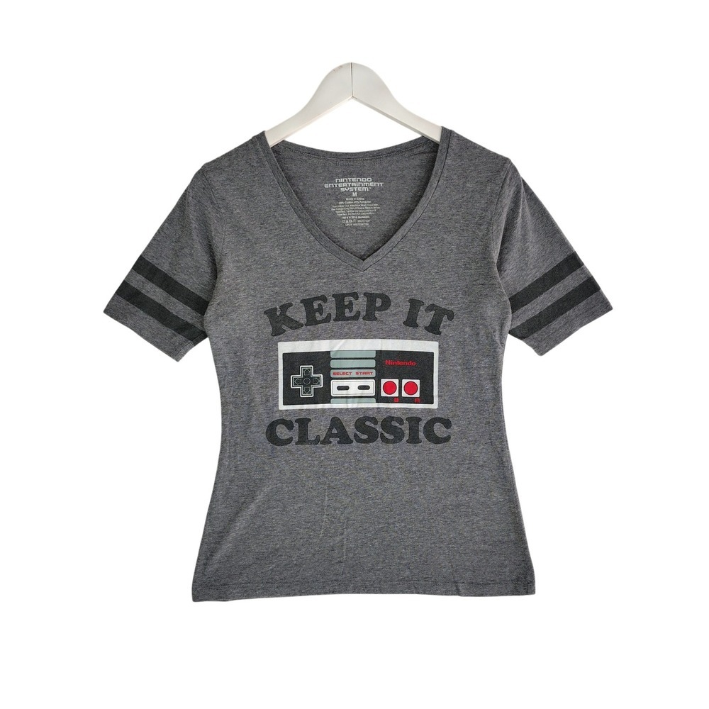 Nintendo NES Keep It Classic Graphic V-Neck T-Shirt Gray Womens Medium Retro